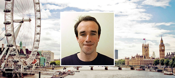 Joss Harrison's portrait is sat against a photo of Central London.