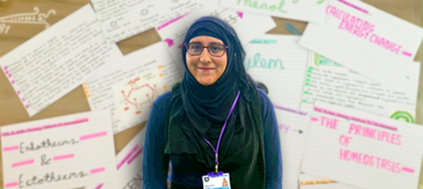 A photograph of Aniqah. In the background, you can see her study notes.