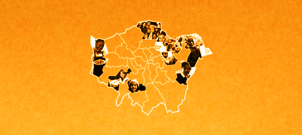 A graphical map of London and its boroughs, with certain boroughs filled in with a photograph of a young person.